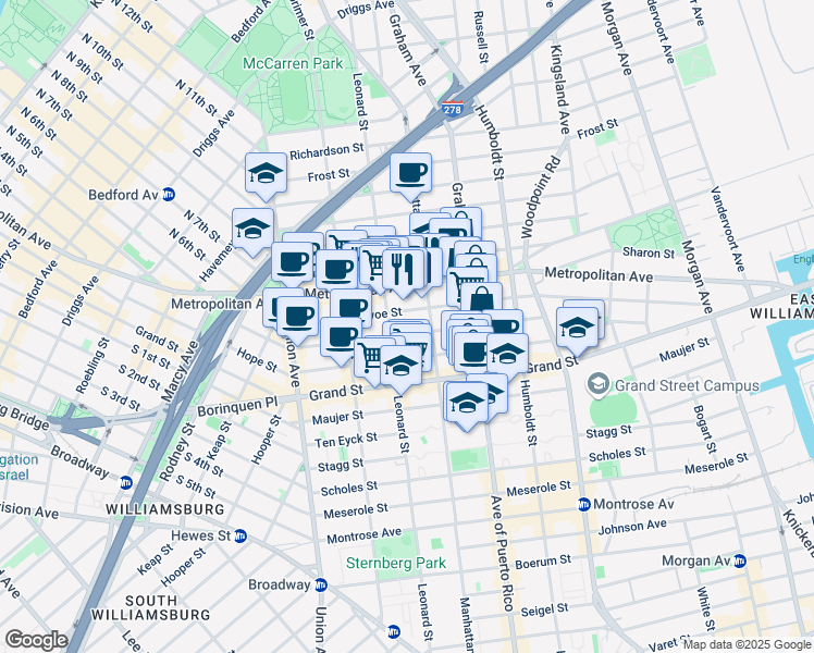 map of restaurants, bars, coffee shops, grocery stores, and more near 179 Ainslie Street in Brooklyn