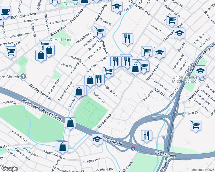 map of restaurants, bars, coffee shops, grocery stores, and more near 1983 Hillside Avenue in Irvington
