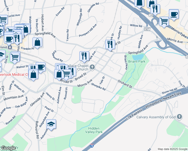 map of restaurants, bars, coffee shops, grocery stores, and more near 59 Morris Avenue in Summit