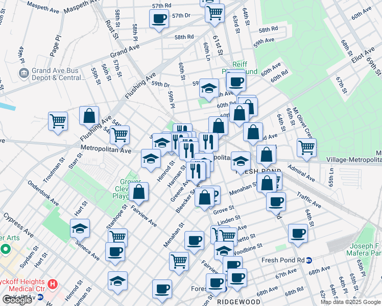 map of restaurants, bars, coffee shops, grocery stores, and more near 56-17 Metropolitan Avenue in Queens