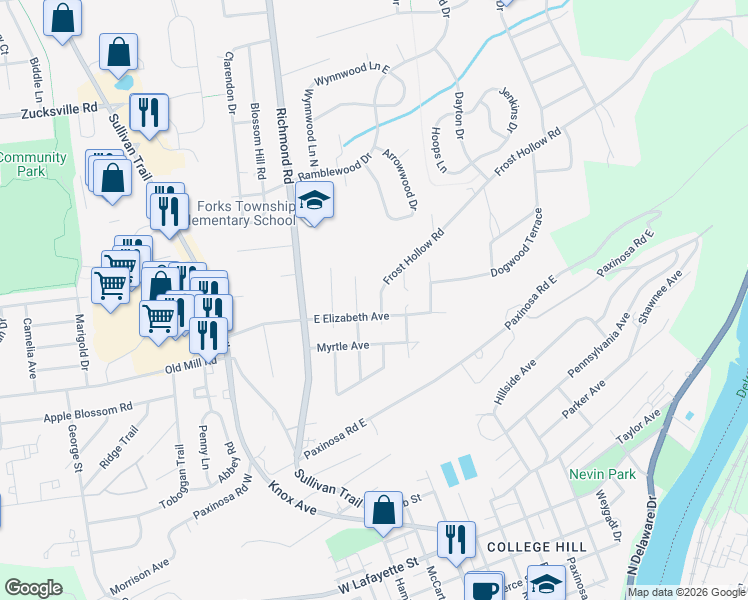 map of restaurants, bars, coffee shops, grocery stores, and more near 1506 Johnson Street in Easton