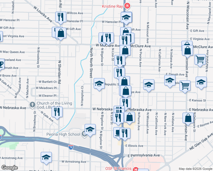 map of restaurants, bars, coffee shops, grocery stores, and more near 2116 North Bigelow Street in Peoria