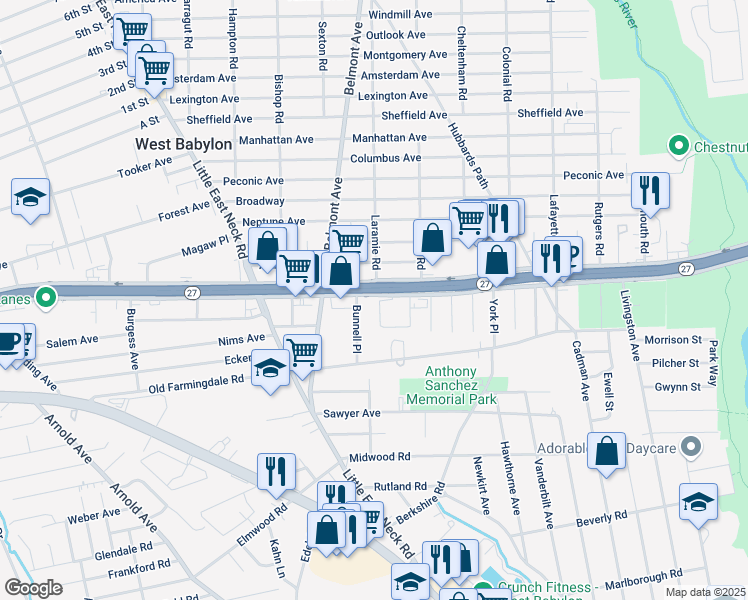 map of restaurants, bars, coffee shops, grocery stores, and more near 642A648A Sunrise Highway in West Babylon