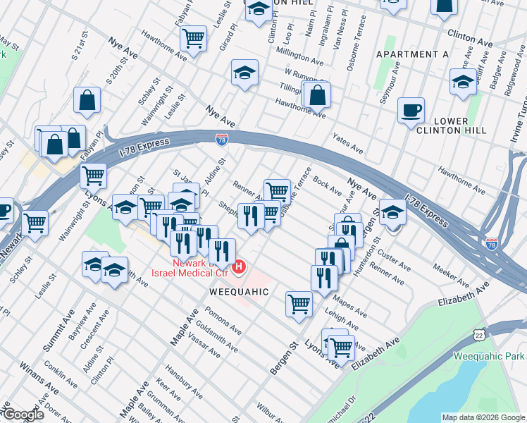 map of restaurants, bars, coffee shops, grocery stores, and more near 133 Huntington Terrace in Newark