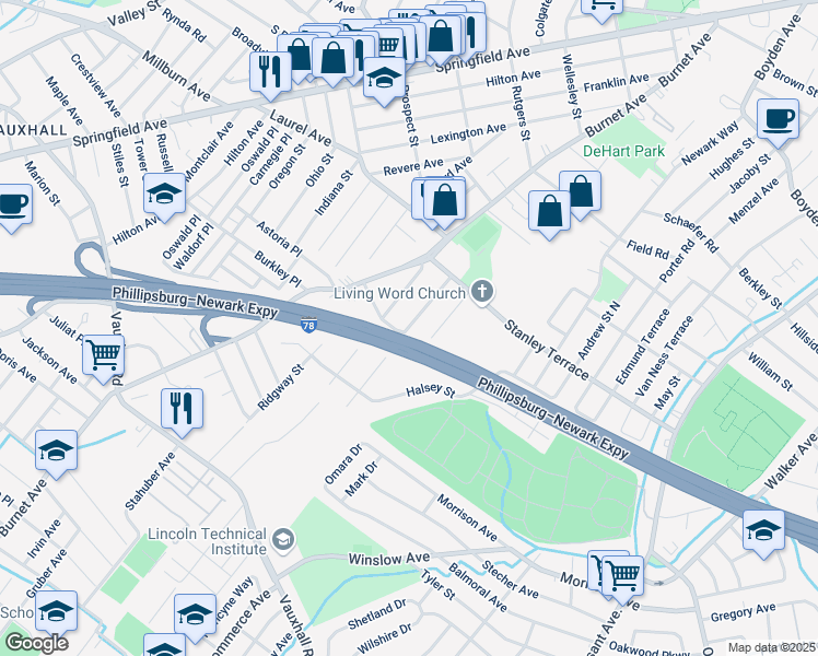 map of restaurants, bars, coffee shops, grocery stores, and more near 1721 Kenneth Avenue in Union
