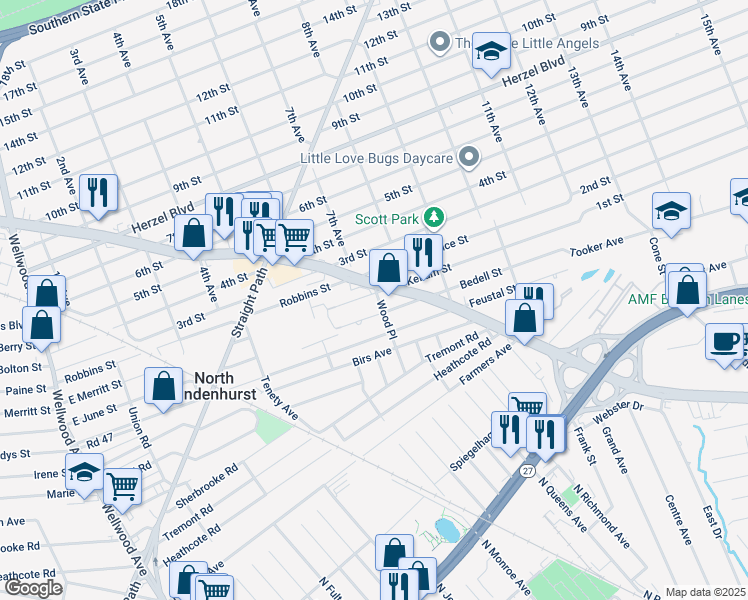 map of restaurants, bars, coffee shops, grocery stores, and more near 31 Wood Place in Lindenhurst