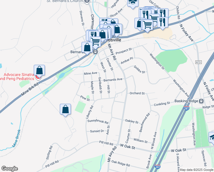 map of restaurants, bars, coffee shops, grocery stores, and more near 9 Hill Street in Bernardsville