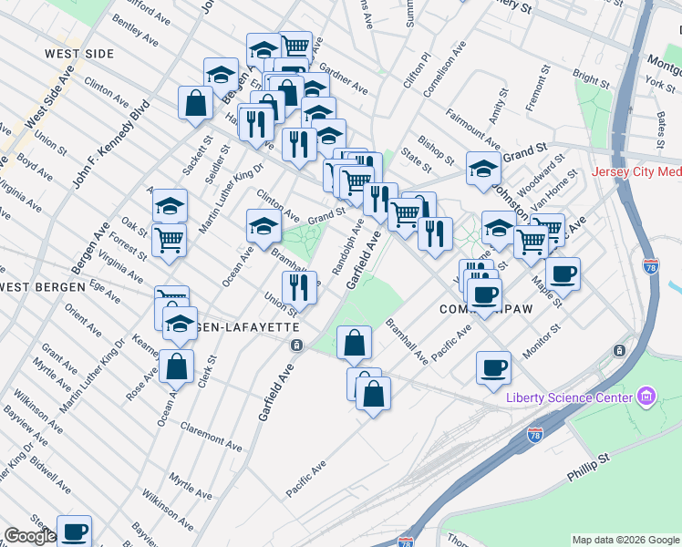 map of restaurants, bars, coffee shops, grocery stores, and more near 1015 Garfield Avenue in Jersey City