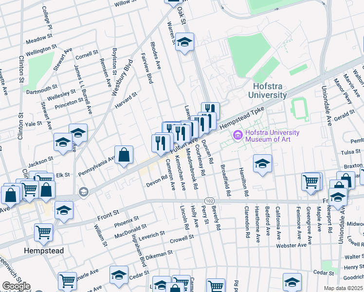 map of restaurants, bars, coffee shops, grocery stores, and more near 742 Fulton Avenue in Hempstead