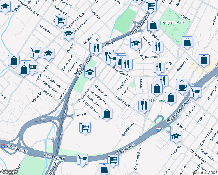 map of restaurants, bars, coffee shops, grocery stores, and more near 151 Paine Avenue in Irvington