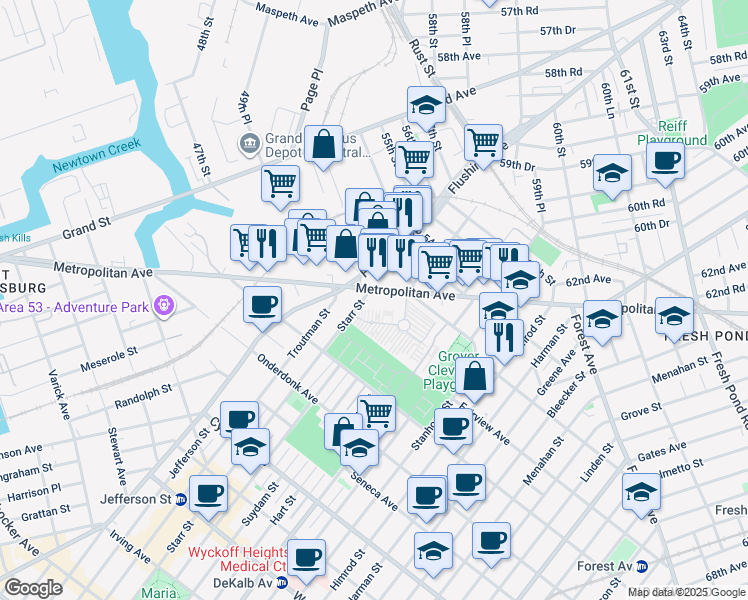 map of restaurants, bars, coffee shops, grocery stores, and more near 57-02 Metropolitan Avenue in Queens
