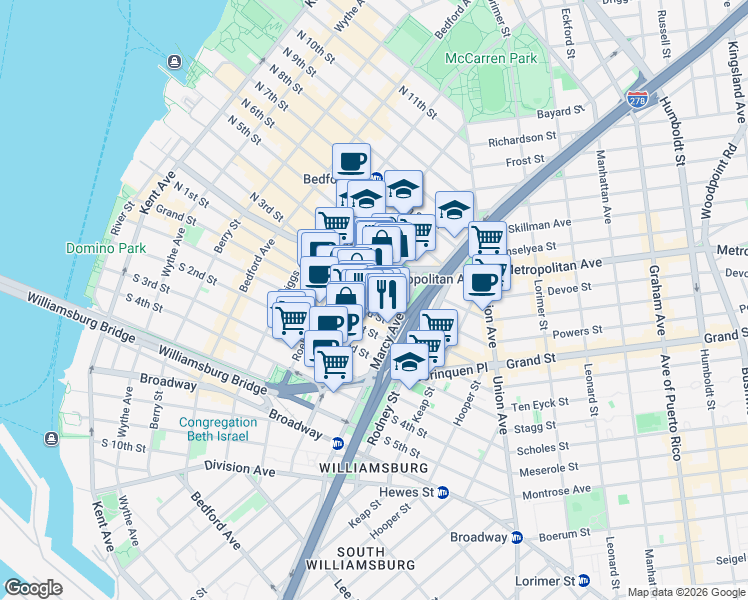map of restaurants, bars, coffee shops, grocery stores, and more near 107 Havemeyer Street in Brooklyn