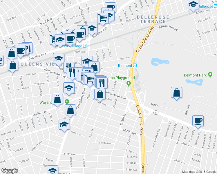 map of restaurants, bars, coffee shops, grocery stores, and more near 10205 221st Street in Queens