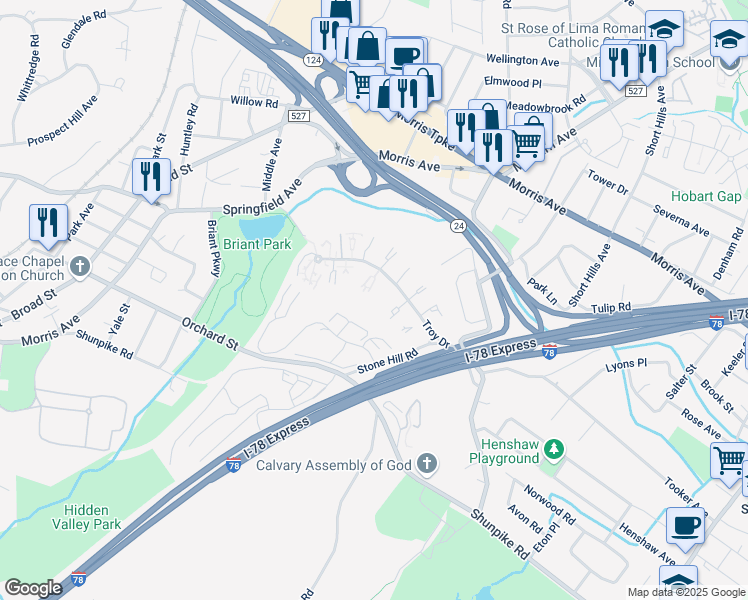 map of restaurants, bars, coffee shops, grocery stores, and more near 32A Troy Drive in Springfield