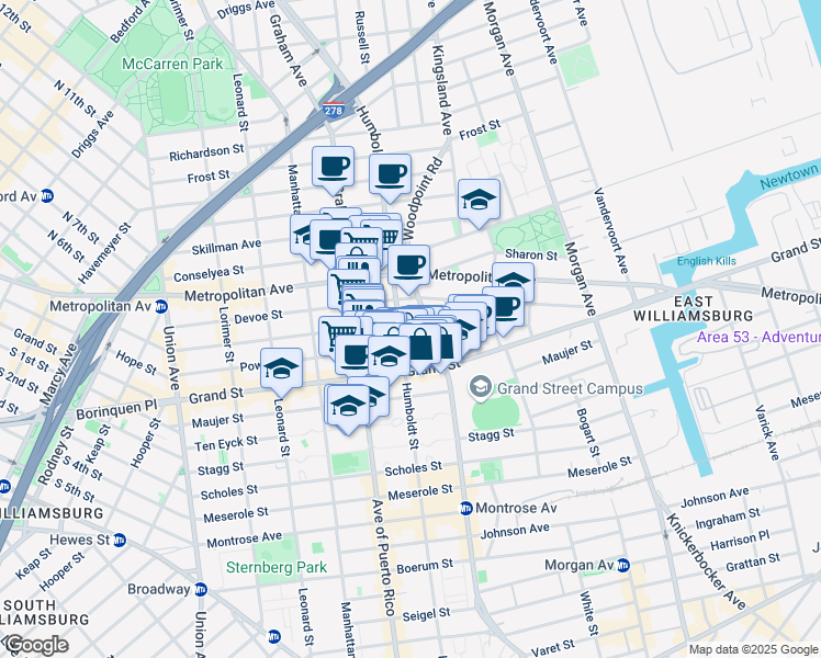 map of restaurants, bars, coffee shops, grocery stores, and more near 321A Humboldt Street in Brooklyn