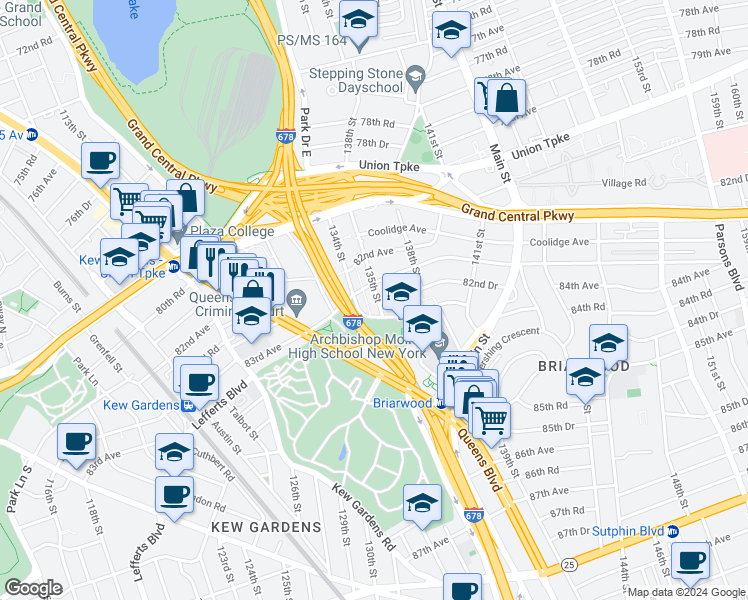 map of restaurants, bars, coffee shops, grocery stores, and more near 82-48 135th Street in Queens