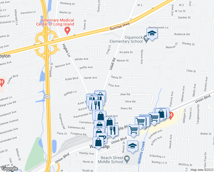 map of restaurants, bars, coffee shops, grocery stores, and more near 700 Pine Avenue in West Islip