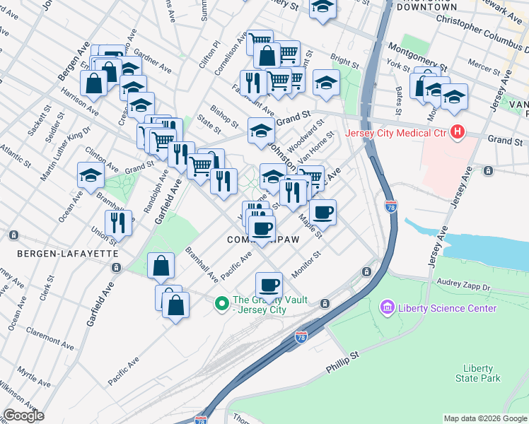 map of restaurants, bars, coffee shops, grocery stores, and more near 113 Lafayette Street in Jersey City