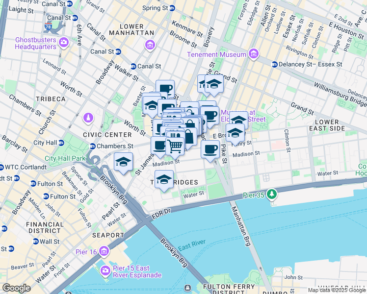 map of restaurants, bars, coffee shops, grocery stores, and more near 35 Henry Street in New York