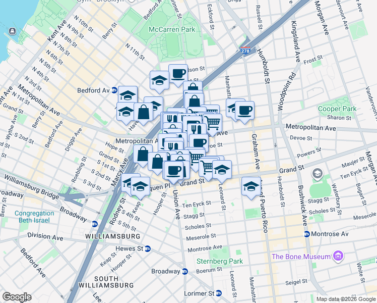 map of restaurants, bars, coffee shops, grocery stores, and more near 38 Devoe Street in Brooklyn