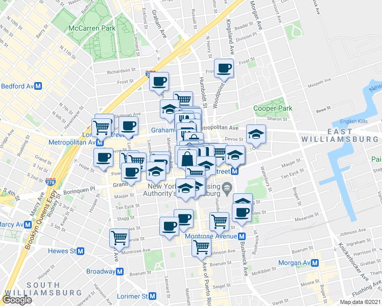 map of restaurants, bars, coffee shops, grocery stores, and more near Graham Avenue & Ainslie Street in Brooklyn