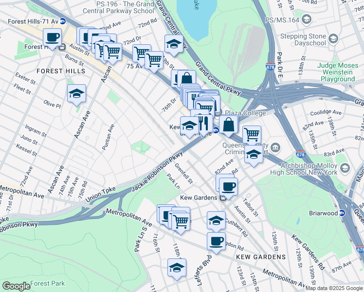 map of restaurants, bars, coffee shops, grocery stores, and more near 78-14 Austin Street in Queens