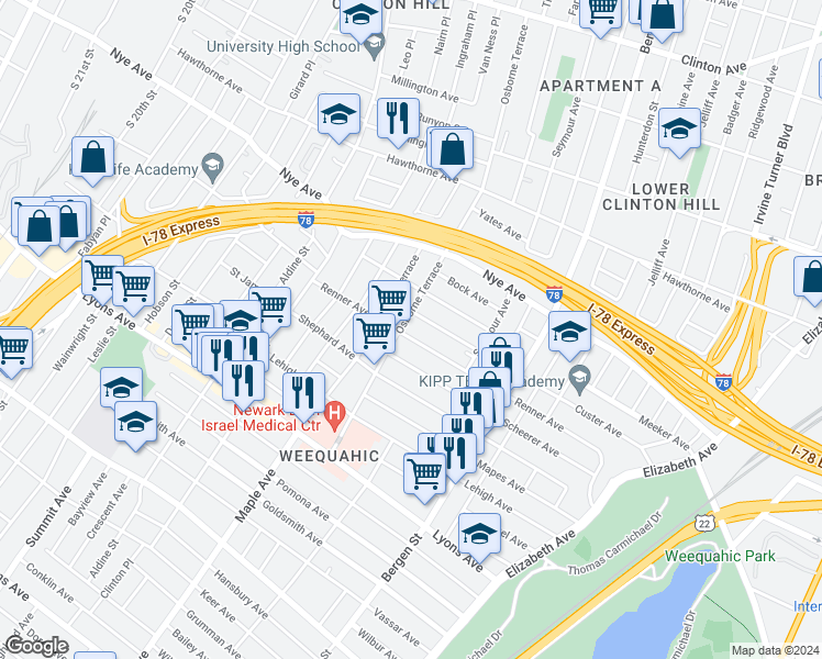 map of restaurants, bars, coffee shops, grocery stores, and more near 243-245 Renner Avenue in Newark