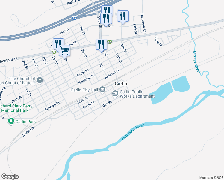map of restaurants, bars, coffee shops, grocery stores, and more near 824 Camp Street in Carlin
