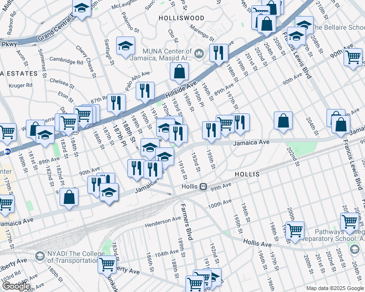 map of restaurants, bars, coffee shops, grocery stores, and more near 700 192nd Street in Queens