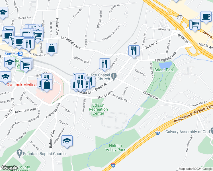 map of restaurants, bars, coffee shops, grocery stores, and more near 158 Broad Street in Summit