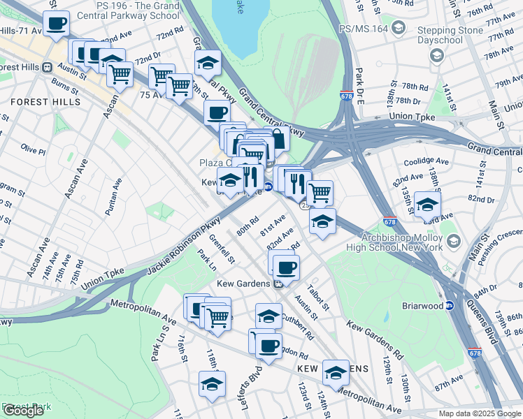 map of restaurants, bars, coffee shops, grocery stores, and more near 119-39 80th Road in Queens