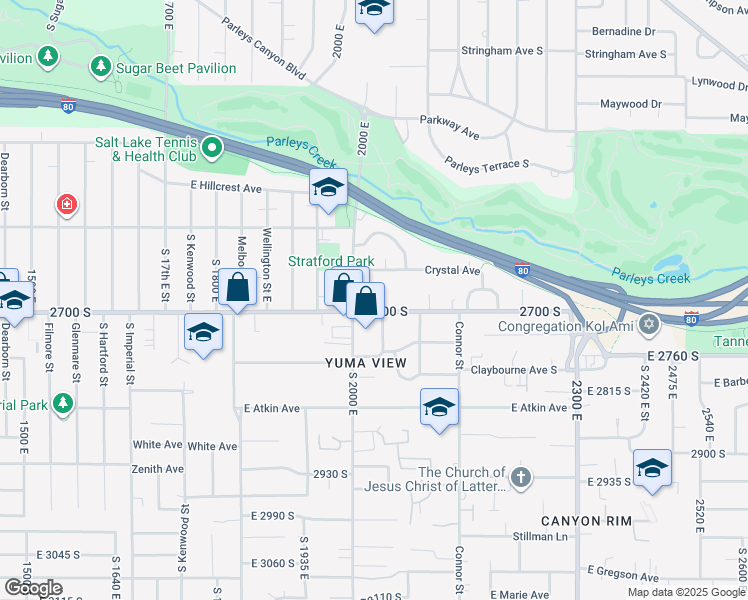 map of restaurants, bars, coffee shops, grocery stores, and more near 2051 East 2700 South in Salt Lake City