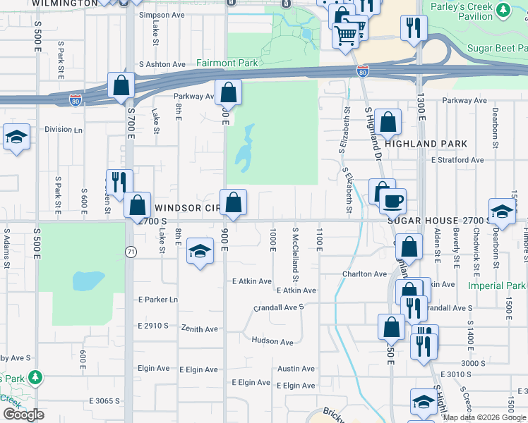 map of restaurants, bars, coffee shops, grocery stores, and more near 1007 2700 South in Salt Lake City