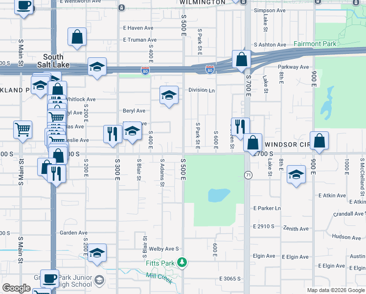 map of restaurants, bars, coffee shops, grocery stores, and more near 491 East 2700 South in Salt Lake City