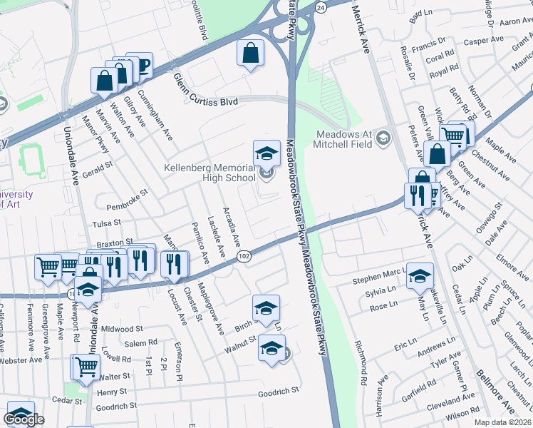 map of restaurants, bars, coffee shops, grocery stores, and more near 1315 Larboard Court in Uniondale
