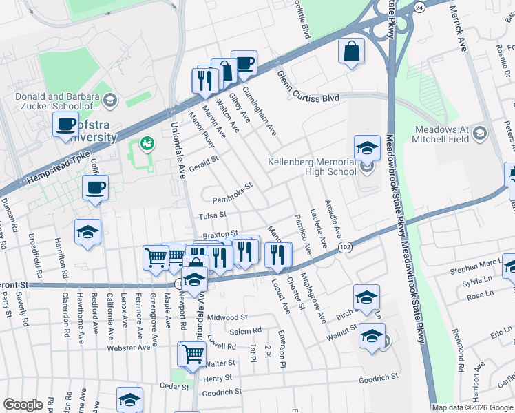 map of restaurants, bars, coffee shops, grocery stores, and more near 204 Marvin Avenue in Uniondale