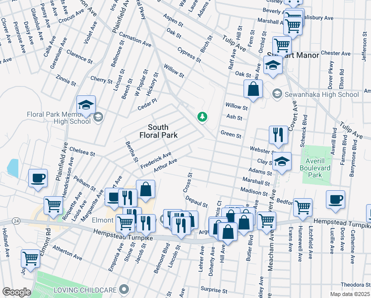 map of restaurants, bars, coffee shops, grocery stores, and more near 239 Frederick Avenue in South Floral Park