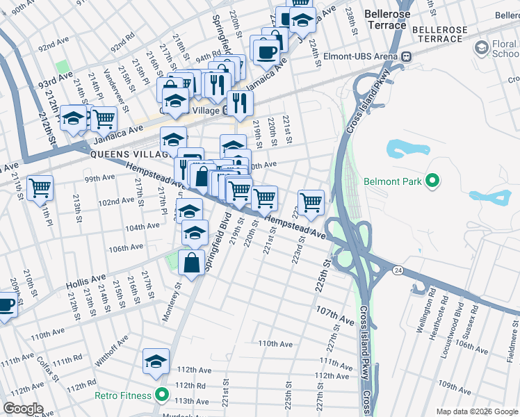 map of restaurants, bars, coffee shops, grocery stores, and more near 220-09 Hempstead Avenue in Queens