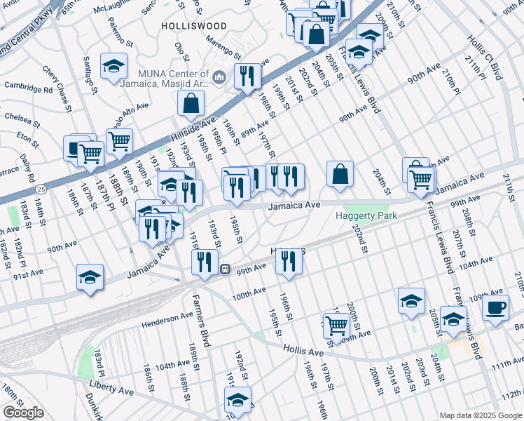 map of restaurants, bars, coffee shops, grocery stores, and more near 92-06 196th Street in Queens
