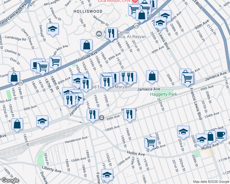map of restaurants, bars, coffee shops, grocery stores, and more near 92-06 196th Street in Queens