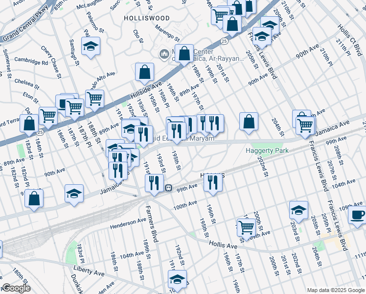 map of restaurants, bars, coffee shops, grocery stores, and more near 195-02 Jamaica Avenue in Queens