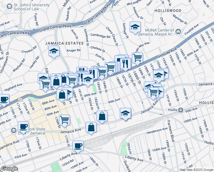 map of restaurants, bars, coffee shops, grocery stores, and more near 88-35 184th Street in Queens