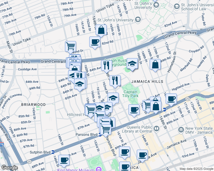 map of restaurants, bars, coffee shops, grocery stores, and more near 84-66 162nd Street in Queens