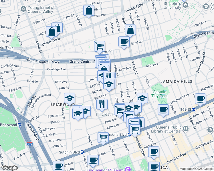 map of restaurants, bars, coffee shops, grocery stores, and more near 152-1 84th Drive in Queens