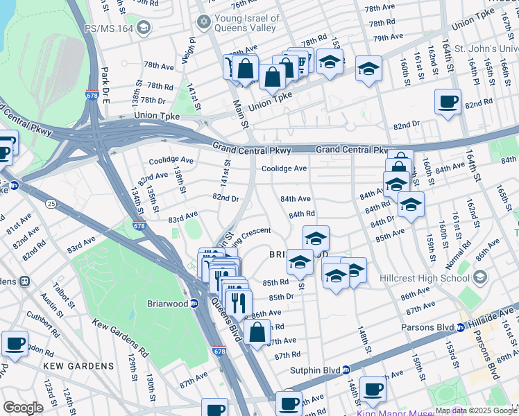 map of restaurants, bars, coffee shops, grocery stores, and more near 141-71 84th Road in Queens