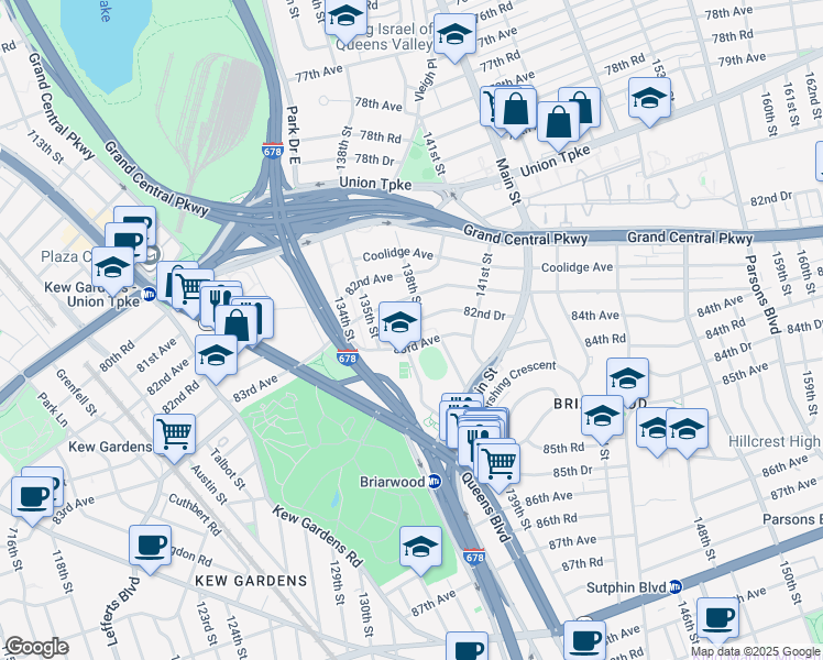 map of restaurants, bars, coffee shops, grocery stores, and more near 135-34 82nd Drive in Queens
