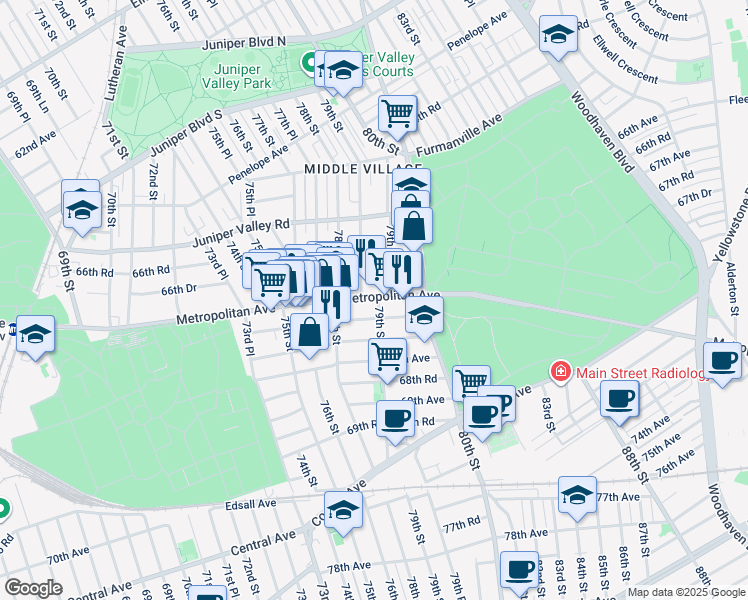 map of restaurants, bars, coffee shops, grocery stores, and more near 79-02 Metropolitan Avenue in Queens