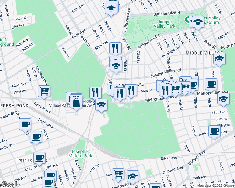 map of restaurants, bars, coffee shops, grocery stores, and more near 66-58 70th Street in Queens
