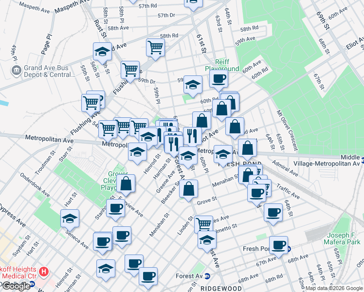 map of restaurants, bars, coffee shops, grocery stores, and more near 60-09 Metropolitan Avenue in Queens