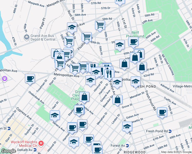 map of restaurants, bars, coffee shops, grocery stores, and more near 5517 Metropolitan Avenue in Queens